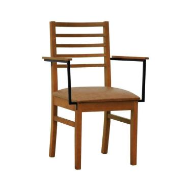 Imagem de Cadeira Tiê Madeira Maciça Encosto Ripado C-braço Metal - Amêndoa Assento Estofado Corano Marrom Mescla