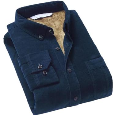 Imagem de Camisa masculina de algodão veludo cotelê quente inverno forro grosso de lã térmica manga comprida camisas masculinas, Azul marinho, P