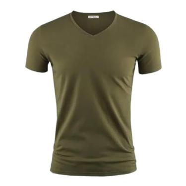 Imagem de Camiseta masculina cor pura gola V e O manga curta camisetas masculinas fitness para roupas masculinas 1, Decote em V verde militar, G