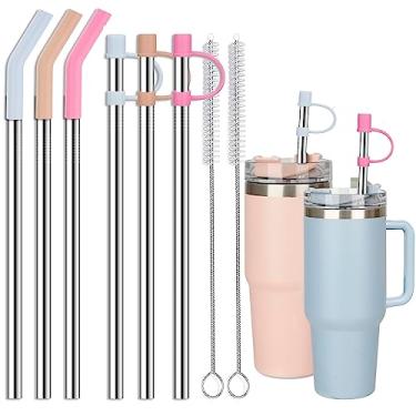 Imagem de Jetstop Canudos de aço inoxidável com capas para copo Stanley de 1,134 g, canudo de metal reutilizável de 30 cm com pontas e tampas de silicone, compatível com Stanley Quencher H2.0 (pacote com 6: 3