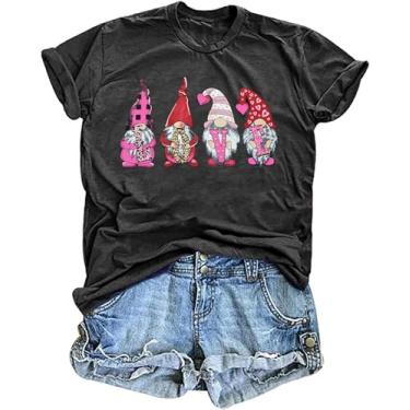 Imagem de Camiseta feminina de dia dos namorados com estampa de gnomo fofo búfalo, xadrez, amor, coração, estampado, camisetas, Leopardo, cinza, M