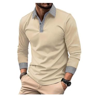 Imagem de Camisa polo masculina cor combinando meia frente botões pulôver manga longa, Bege, 3G