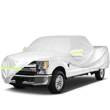 Imagem de ULROLIT Capa de carro à prova d'água para captador Fo-rd F250 F350 Raptor Super Crew Cab 1,5 m a 2,8 m, capa de caminhão de cama longa, capa de caminhão para todas as condições climáticas 210T à prova de vento com zíper de porta para proteção UV e chuva solar (prata)
