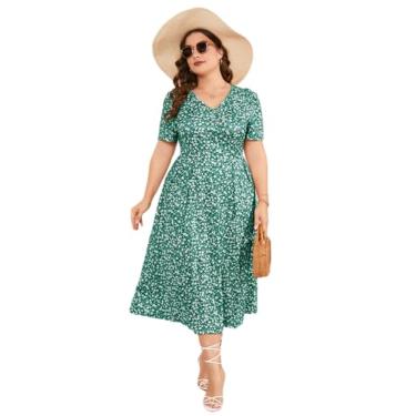 Imagem de Vestido maxi plus size feminino verão casual boho floral império cintura plus size vestido rodado plus size vestidos para mulheres curvilíneas, Verde F, 3G