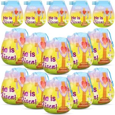 Imagem de Sinload 60 unidades de sacolas religiosas de Páscoa, sacos de presente com cordão He is Risen, sacos de plástico a granel, sacos de doces de cruz de ressurreição, para Páscoa, cristãos, artigos de