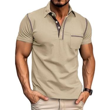 Imagem de Camisa polo masculina clássica manga curta leve botão algodão camiseta casual golfe com bolso, Caqui, P