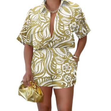 Imagem de Euulin Conjunto de 2 peças para mulheres, camisa de manga curta leve de botão, conjunto de shorts de verão com bolsos, Flor dourada, X-Large