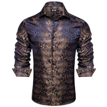 Imagem de Hi-Tie Camisas sociais masculinas de seda azul-marinho e bronze, modelagem regular, manga comprida, camisas de negócios, tecido jacquard, camisas de botão, XGG, Azul marinho e bronze, XXG