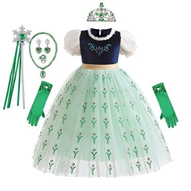 Imagem de REXREII Girls Anna Princess Costume Frozen Elsa Snow Queen Halloween Cosplay Christmas Birthday Party Dress w/Accessories Green 4-5T