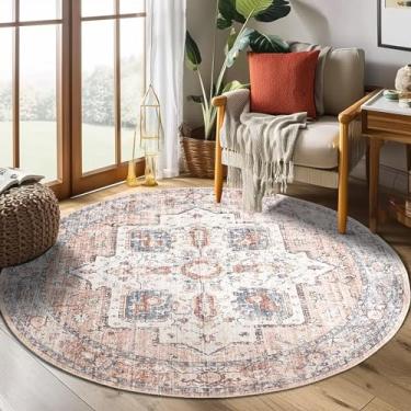 Imagem de jinchan Tapete redondo Tapete de área de 4 pés corredor persa vintage interior laranja multi cozinha tapete circular 4x4 fino tapete floral destaque tapete retro antiderrapante sala de estar quarto sala de jantar