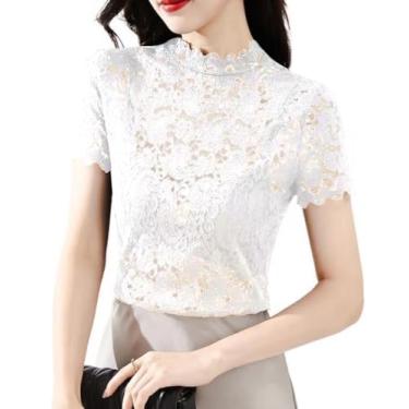 Imagem de zebemay Blusa feminina de renda floral, manga comprida, malha transparente P-G, 02 - Branco, P