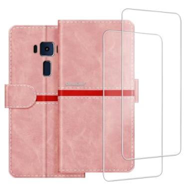 Imagem de ESACMOT Capa de celular compatível com Asus Zenfone 3 Deluxe ZS570KL + [pacote com 2] película protetora de tela de vidro, capa protetora magnética de couro premium (14.5 cm) rosa