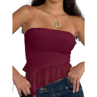 Imagem de Remidoo Blusa cropped feminina com babados e bainha assimétrica, sexy, de malha transparente, sem alças, Vermelho escuro, GG