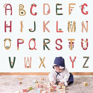Imagem de DEIKOKA Adesivo de parede colorido do alfabeto inglês, alfabeto infantil com plantas, flores, letras, decalques autoadesivos, faça você mesmo, adesivos de parede para quarto de crianças, sala de