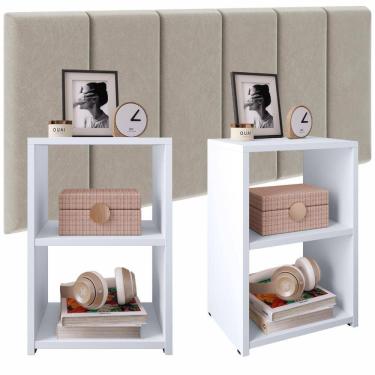 Imagem de Jogo Quarto 2 Mesas Bella Canto Apoio Prateleira Retrô Cabeceira Estofada Júlia 1,60 Cama Box Queen