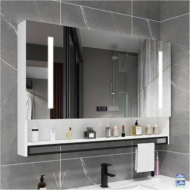 Imagem de Armário de medicina de banheiro iluminado por LED retangular com espelho Armário de espelho de banheiro com luzes e organizador de armazenamento de desembaçador, branco, 100 cm