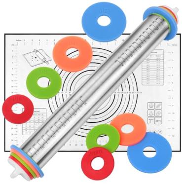 Imagem de Broche de rolo ajustável com anéis de espessura para assar, pinos de rolo de massa de aço inoxidável com tapete antiaderente para pastelaria de silicone para materiais de decoração Cooicke, fondant, bolo, pão ou padeiro presentes