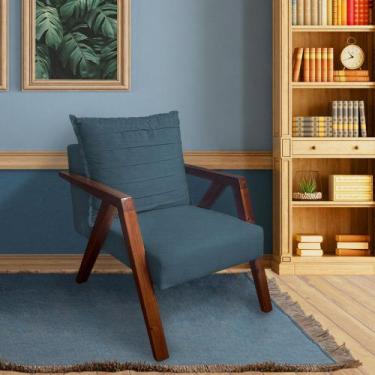 Imagem de Poltrona Monalisa Decorativa Mona Pés de Madeira Maciça Linho Azul  - 