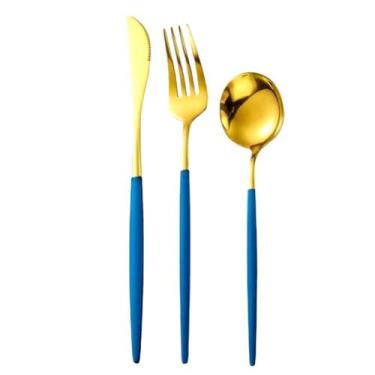 Imagem de Faqueiro 18 Peças Bicolor Aço Inox Dourado Cabo Slim Azul - Fullfit