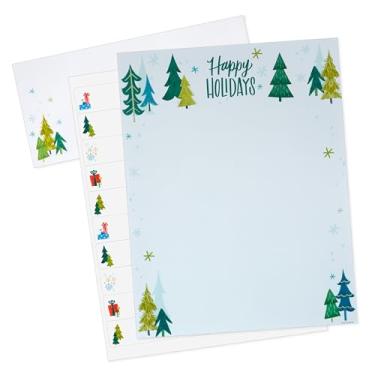 Imagem de Hallmark Kit de boletim informativo de férias com papel timbrado, envelopes e etiquetas de endereço de retorno para 30 letras ("Happy Holidays", árvores de inverno azuis e verdes)