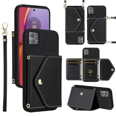Imagem de Dswteny Capa carteira para Motorola Moto G84 5G com cordão de pulso alça de ombro fina bolsa flip, suporte de cartão de crédito de couro PU de luxo acessórios capa de celular para G 84 2023 mulheres
