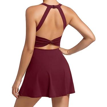 Imagem de Vestido feminino de tênis de treino com shorts embutidos e sutiã atlético de golfe esportivo para exercícios, Borgonha, PP