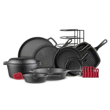 Imagem de Cuisinel Conjunto de 18 peças de panelas de ferro fundido – pré-temperado 15 cm + 20 cm + 25 cm + frigideira de 30 cm + frigideira + tampa para grelha + frigideira + panela de pizza + forno holandês +