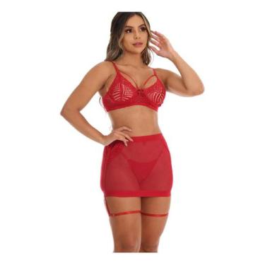 Imagem de Conjunto Lingerie Sensual Sexy 3 Peças Com Calcinha Saia Tule - Aunika