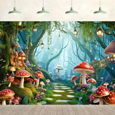 Imagem de Fundo de floresta encantada de 3 x 2,4 m, floresta mágica, fantasia, cogumelo, flor, pedra, caminho, país das maravilhas para fotografia, decoração de festa de aniversário para crianças, meninas,