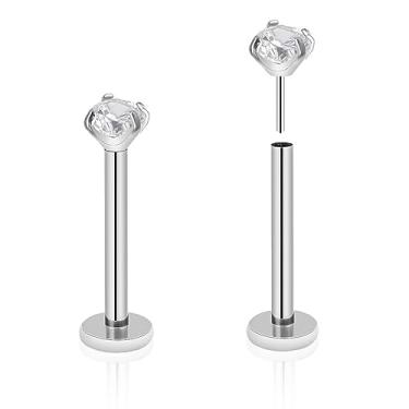 Imagem de ZYTAIJEW 2 peças G23 titânio 20G/18G/16G 6mm-12 mm anel de nariz plano push-in sem rosca 3 mm Prong CZ Monroe Labret anéis labiais Helix Nail cartilagem tragus brinco piercing joias, Titânio, Sem