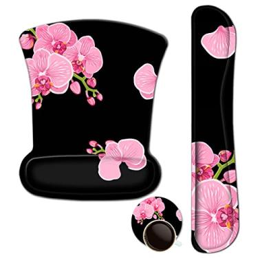 Imagem de ARTSO Descanso de pulso para teclado e mouse pad com suporte de pulso, mouse pad ergonômico, durável e confortável para facilitar a digitação da dor, conjunto de mousepad de teclado de espuma de memória, flor de borboleta de orquídea rosa