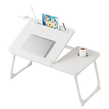 Imagem de Mesa de laptop para cama, suporte ajustável para laptop com 5 ângulos diferentes, bandeja de colo portátil com porta de carregamento USB e suporte de copo, bandeja de mesa para laptop para comer,