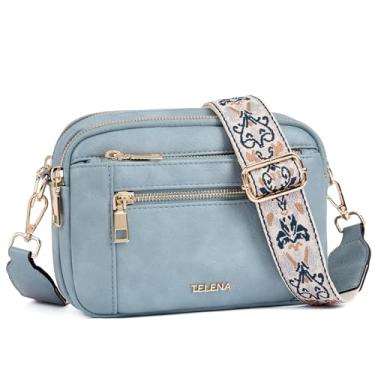 Imagem de Telena Bolsa transversal feminina pequena de couro vegano com alça larga ajustável para o dia a dia, Jeans azul, Small, Elegante