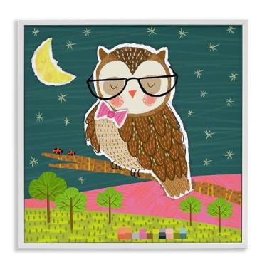 Imagem de Stupell Industries Arte de parede giclée emoldurada com coruja sábia no ramo por Tina Finn, moldura branca, 12 x 12
