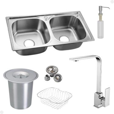 Imagem de Kit Cuba Dupla Inox + Acessórios Com Torneira Gourmet Monocomando Slim Cromada E Lixeira de Embutir 5 Litros