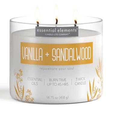 Imagem de Velas perfumadas Essential Elements da Candle-lite, fragrância de baunilha e sândalo, uma vela de aromaterapia de 3 pavios de 45 horas de tempo de queima, cor off-white