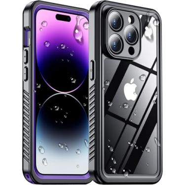 Imagem de Temdan Capa impermeável compatível com iPhone 14 Pro Max, protetor de tela e câmera integrado IP68 Underwater Full Body 14FT Militar à prova de quedas à prova de choque 17.0 cm Roxo/Transparente