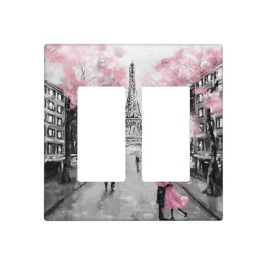Imagem de Paris Street Torre Eiffel rosa floral 2 gangues capa de parede arte abstrata decorativa capa de interruptor de luz moderna capas de tomada elétrica casa cozinha acessórios e decoração