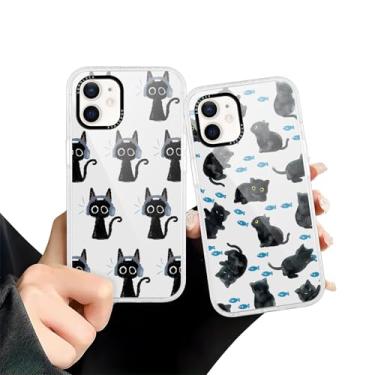 Imagem de Zrutru Pacote com 2 capas de telefone de gato preto fofo para iPhone 12/12 Pro desenho fofo gato preto para mulheres meninas meninos resistente a arranhões à prova de choque Funda para iPhone 12 6,1