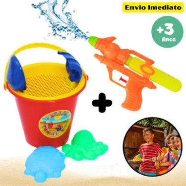 Imagem de Kit Infantil Baldinho de Praia Com Assessórios + Arminha Pistol Lança 