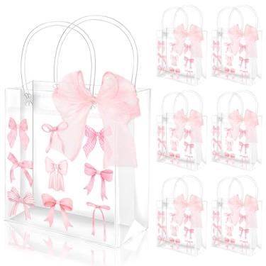 Imagem de Whaline 12 peças de sacos de presente de PVC transparente com laço rosa coquete sacos de lembrancinha de festa com alças sacola moderna com fita para casamento, aniversário, chá de bebê