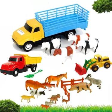 Imagem de Kit Caminhão Animais Brinquedo Infantil Trator Fazenda 27 Peças Boi Va