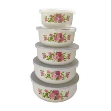 Imagem de Fenteer 5 peças tigela mistura de alimentos tigelas tigela de arroz tigela de alimentos servir tigela de esmalte tigela coberta de tigela para de comida, Rosa