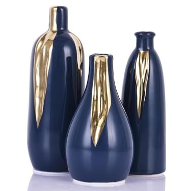 Imagem de Conjunto de 3 vasos decorativos de cerâmica, vasos azuis e dourados para decoração de casa, centros de mesa em prateleiras modernas de mesa de sala de estar, decorações de estante de escritório