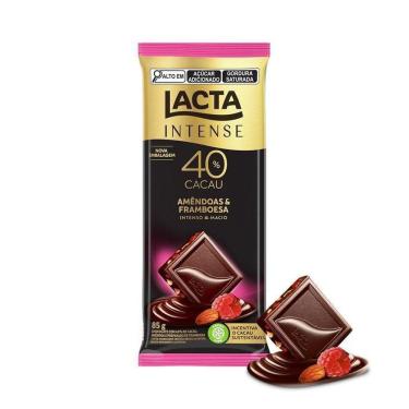 Imagem de Barra de Chocolate Lacta Intense Meio Amargo 40% Cacau Amêndoas e Framboesa 85g