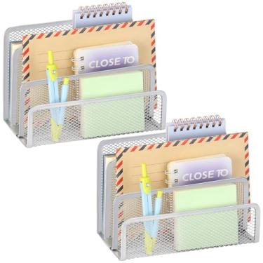 Imagem de Organizador de correio de mesa de 2 peças, organizador de cartas de porta-arquivos pequenos de malha de metal, cadernos, documentos/arquivamento/pastas/organizador de papel para mesa (cinza-2 peças)