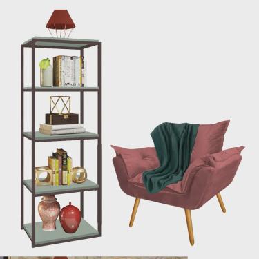 Imagem de Kit Poltrona Fatte com Manta Soft Verde e Estante Livreiro Ferro Marrom mdf Verde Oliva Suede Rose Gold - Ahazzo Móveis
