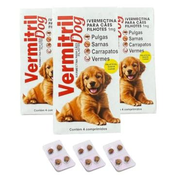 Imagem de Vermitril Filhotes Anti pulgas, vermes, carrapatos e sarnas - 12 comp mastigáveis p/ 3kg Cada - sabor Carne