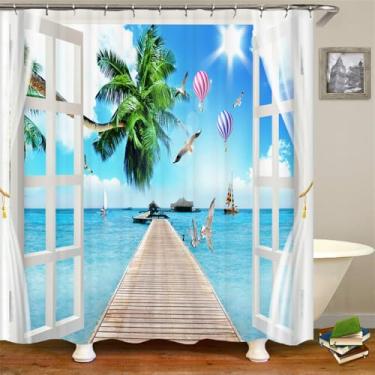 Imagem de Cenário litorâneo Praia Banheiro Cortina de chuveiro Decoração para casa Cortina Anti-mofo Cortinas de chuveiro à prova d'água com gancho, DM4079, L210 x A180 cm