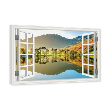 Imagem de PY3H69 Arte de parede em tela de janela aberta, impressão natural em tela. Lindo cenário de montanha 30,5 cm, decoração de parede de paisagem de janela, decoração de casa moderna. Moldura interna de